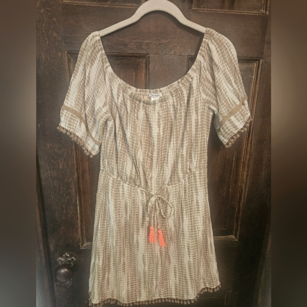 VTG.BOHO BATIK DRESS W/POM POMS,DRAWSTRING WAIST W/ORANGE TASSELS.FULLY LINED🥰